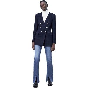 NWT ZARA Structured Lapeless Navy Blue Blazer Sz S